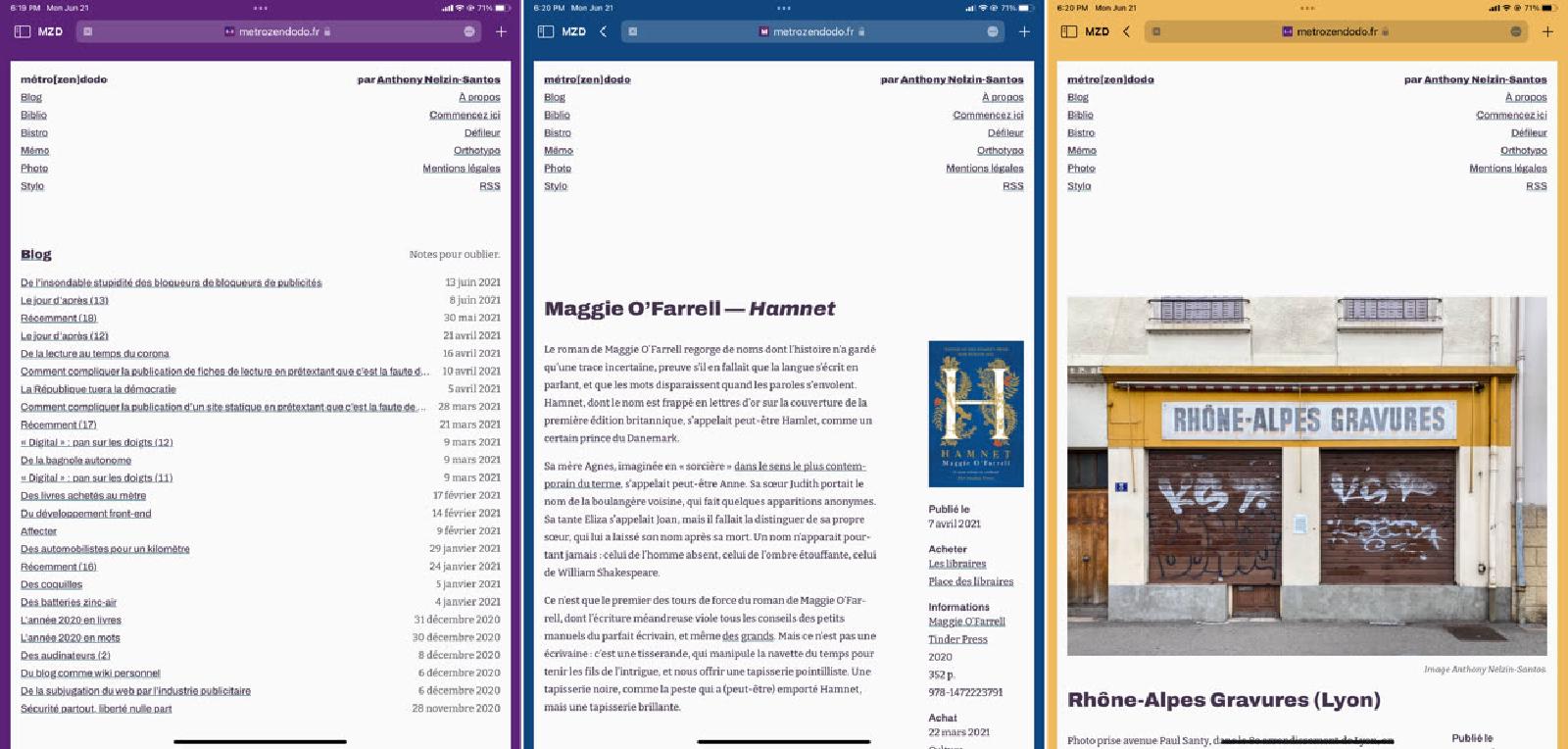 Captures de <i>Zinzolin</i> dans Safari 15 sur iPad