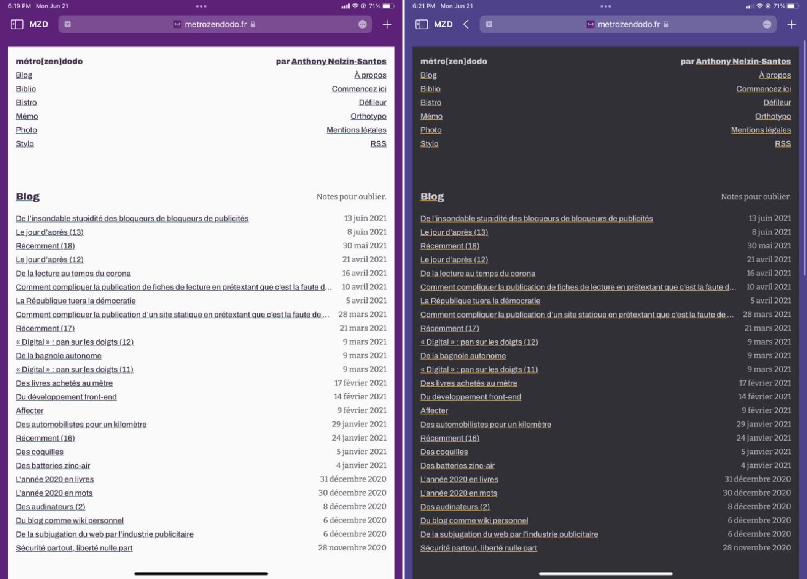 Captures de <i>Zinzolin</i> dans Safari 15 sur iPad