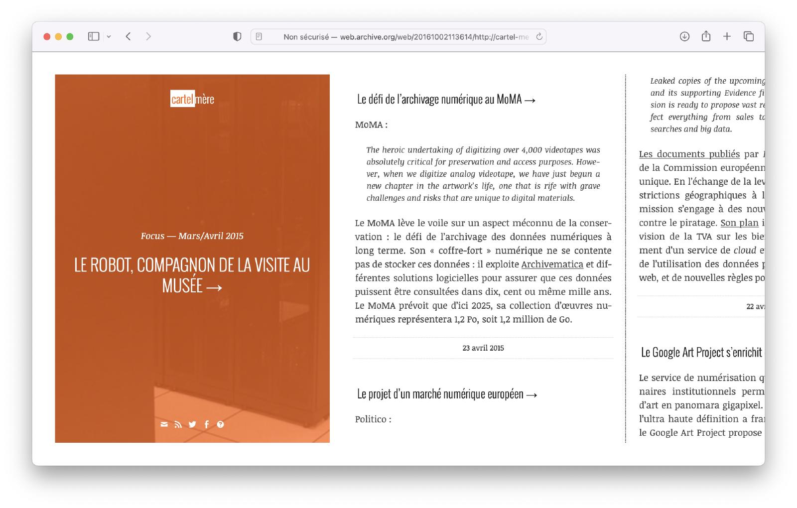 La page d’accueil de Cartel mère en octobre 2016.
